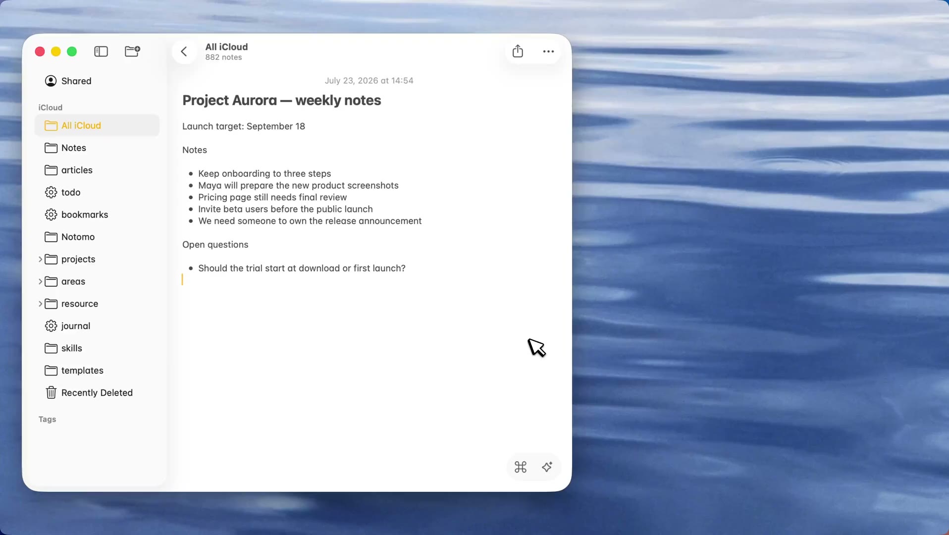 Notomo workspace open in Apple Notes