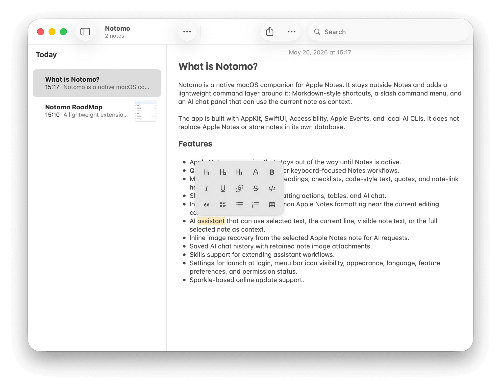 Notomo inline formatting toolbar floating over selected text in Apple Notes.