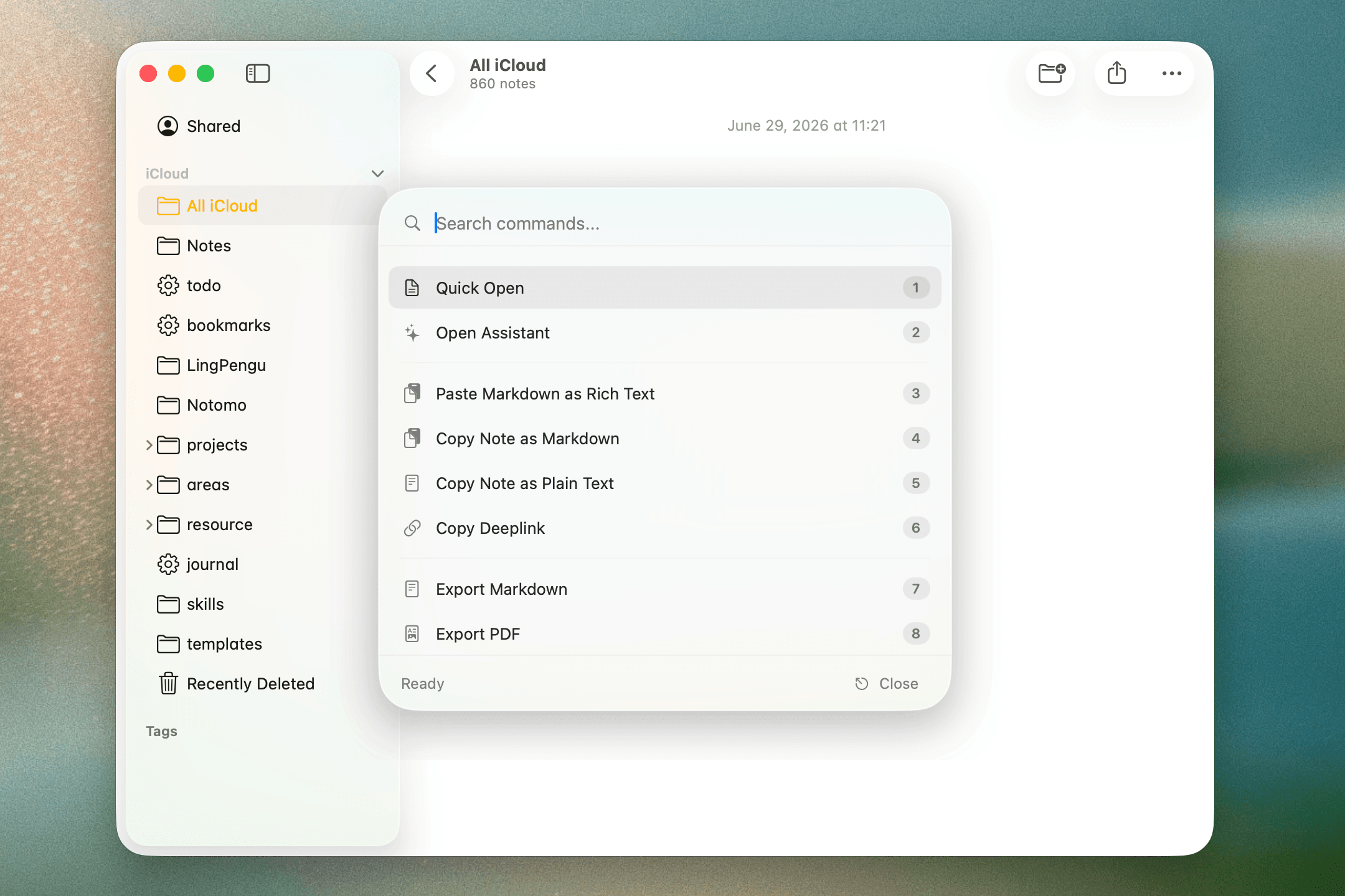 Notomo command panel showing available actions for Apple Notes.
